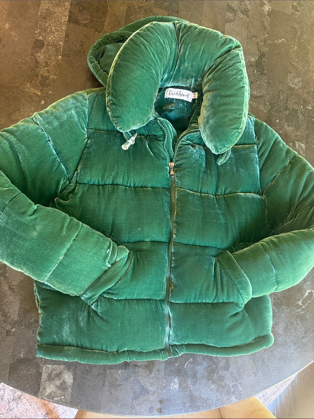Emerald Green Velvet Puffer Jacket Anthropologie - Picture 3 of 11